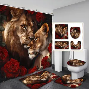 Creative Lion & Rose Bathroom Curtain Set, Includes Toilet Lid, Bath Mat, Shower Curtain, 12 Plastic Hooks, Modern Home Decor, Shower Curtain Sets