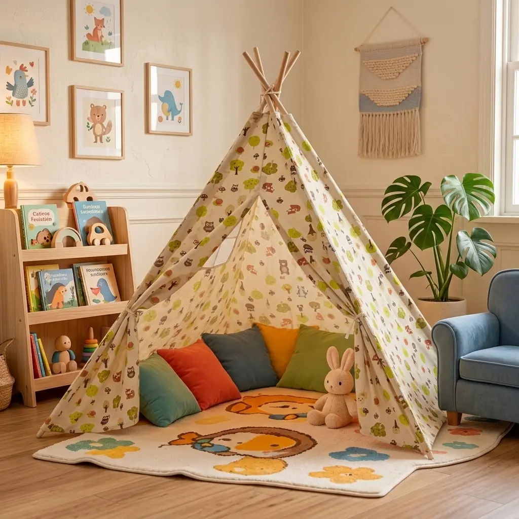 Kids Teepee Play Tent Foldable Indoor Floor Bedding Playhouse Tent for Girls Boys Portable Teepee with Carry Case Cute Cozy Home Bedroom Nursery Decor Whimsical Style Children Birthday Christmas Easter Surprise Gift