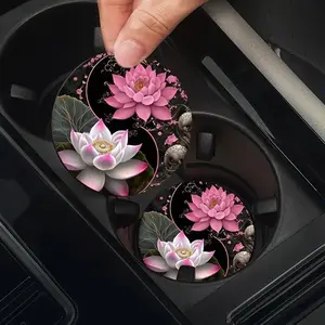 Lotus Pattern Car Coaster, 2 Counts Round Anti-slip Car Cup Holder Pad, Car Cup Holder Mat, Car Interior Decoration Accessories, Car Ornament for Women & Men