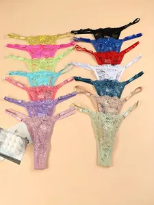7pcs, Sexy Low Waist Adjustable Lace Thong, Butterfly Breathable Underwear, Semi Transparent Women'S Underwear, Comfortable Bikini Panties Womenswear Bridal Panties