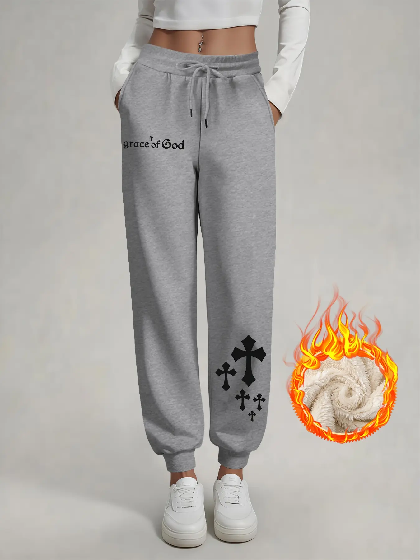 Women's Casual Fleece Pants, Grace of God Letter & Cross Print, Thickened Winter Warm Lamb Fur Sweatpants, Fall & Winter Fashion