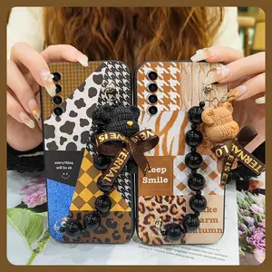 cute Skin-friendly feel Phone Case For TCL Stylus 5G Waterproof Simplicity Back Cover protective case Dirt-resistant Anti-knock Bear bracelet soft case Black pearl pendant Cartoon