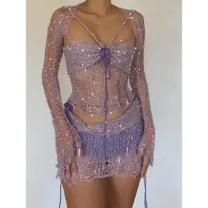 Women's Glitter Sequin Sheer Mini Skirt Textile Set, Elegant Flattering Fashion 2 Piece Set Tie Front Top & High Waistskirt for Party Club Dating, Two Piece Set Women, Ladies Two-piece Outfits for All Seasons