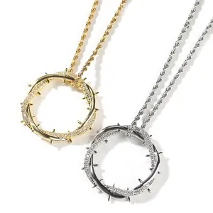 【PANG Jewelry】Retro Thorn Crown Pendant Necklace - Men's Trendy Unconventional Design Copper Set with Zirconia Hip Hop Necklace