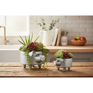 Galvanized Metal Pig Planter Set of 2, Indoor-Outdoor Flower Pots for Home Improvement & Garden Supplies