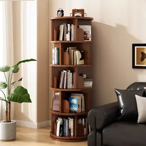 5 Tier Rotating Bookshelf, 360° Display Round Spinning Bookshelf, Space-Saving, Small Space Rotating Bookshelf Tower for Bedroom, Living Room, Home, Office, Walnut