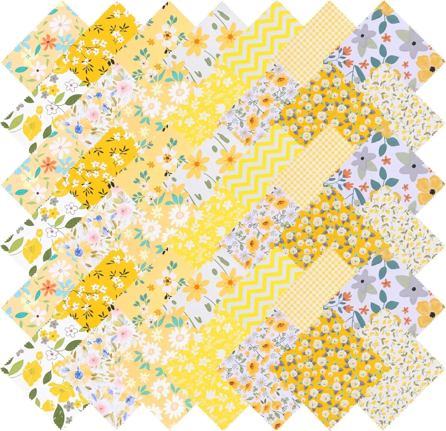 42Pcs Yellow Charm Packs for Quilting, 100% Cotton Fabric Squares 5 x 5Inch Pre-Cut Quilted Fabric Floral Patchwork for Sewing DIY Craft(Yellow)