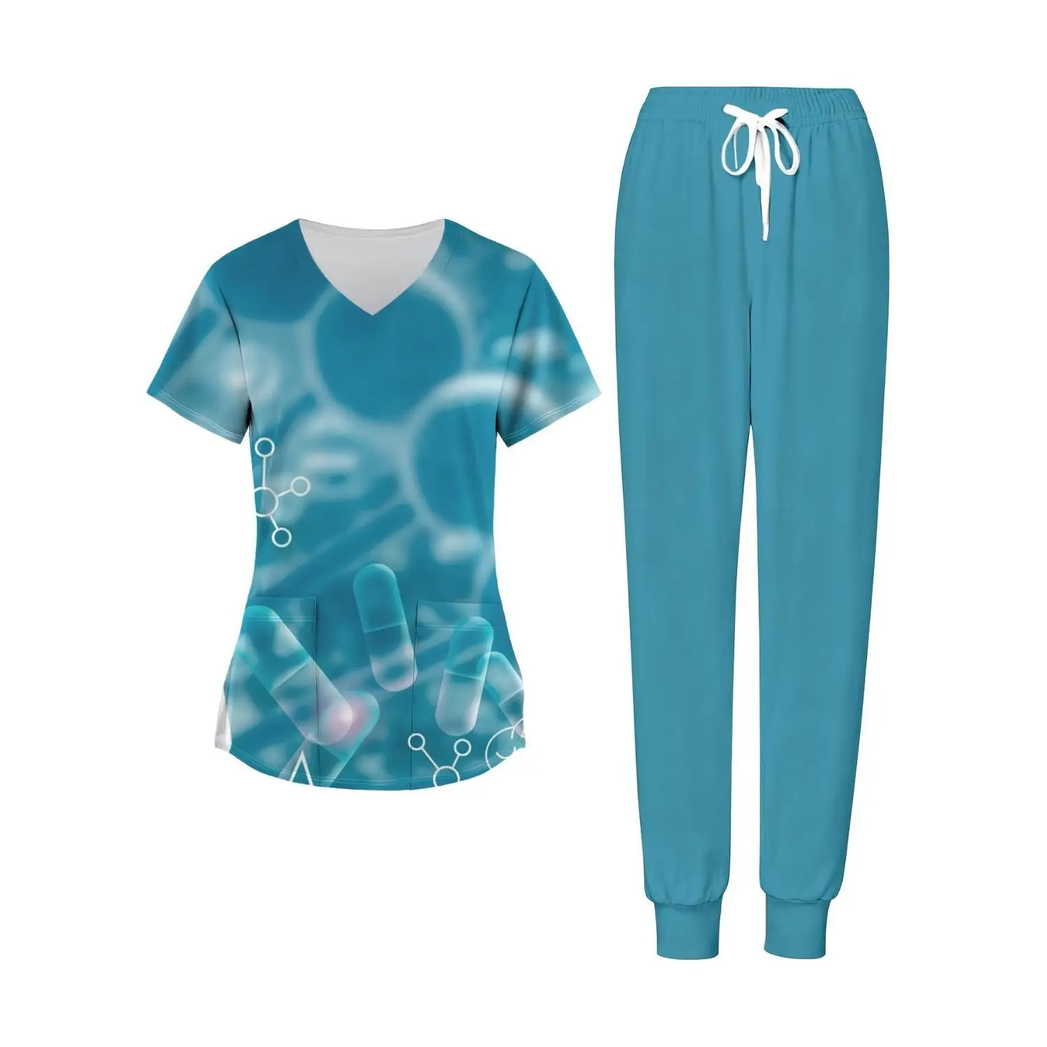 Women's Plus Size 2-Piece Scrub Set with Pill & Molecule Design - Comfortable Nursing Uniforms for Healthcare Workers, Hospital Work, or Christmas Gifts