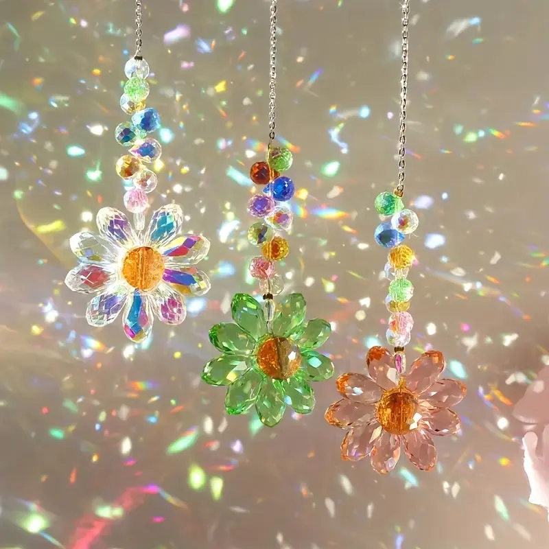 Colorful Glass Decorative Sun Catcher Set, Three-Piece Small Flower Multifaceted Crystal Garden Decor, Beaded Hanging Ornament for Windows, Gardens, Weddings