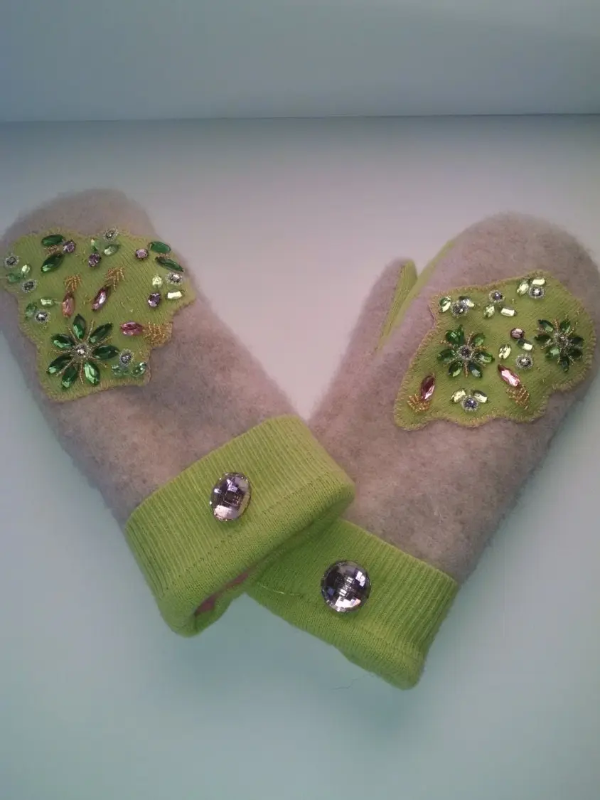Upcycled chartreuse/pink/beige wool sweater mittens