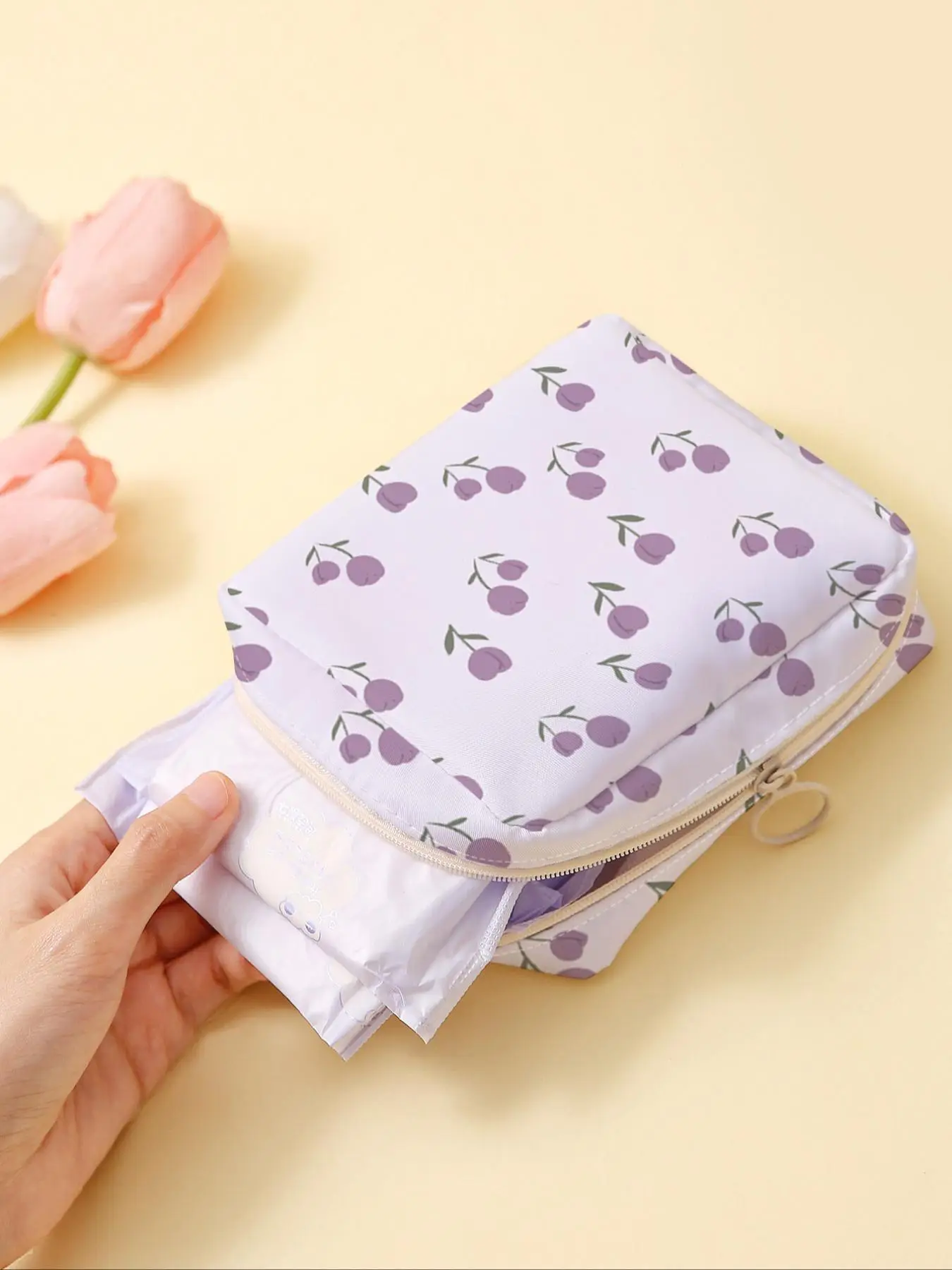 Floral Pattern Sanitary Napkin Storage Bag, Lightweight Zipper Tissue Bag for Women's Products, Travel Cosmetics Storage Box