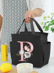 Floral & Letter Pattern Lunch Bag, Large Capacity Cooler Bag, Waterproof Student Bento Lunch Handbag, Portable Zipper Thermal Lunch Box, Durable Lunch Bag