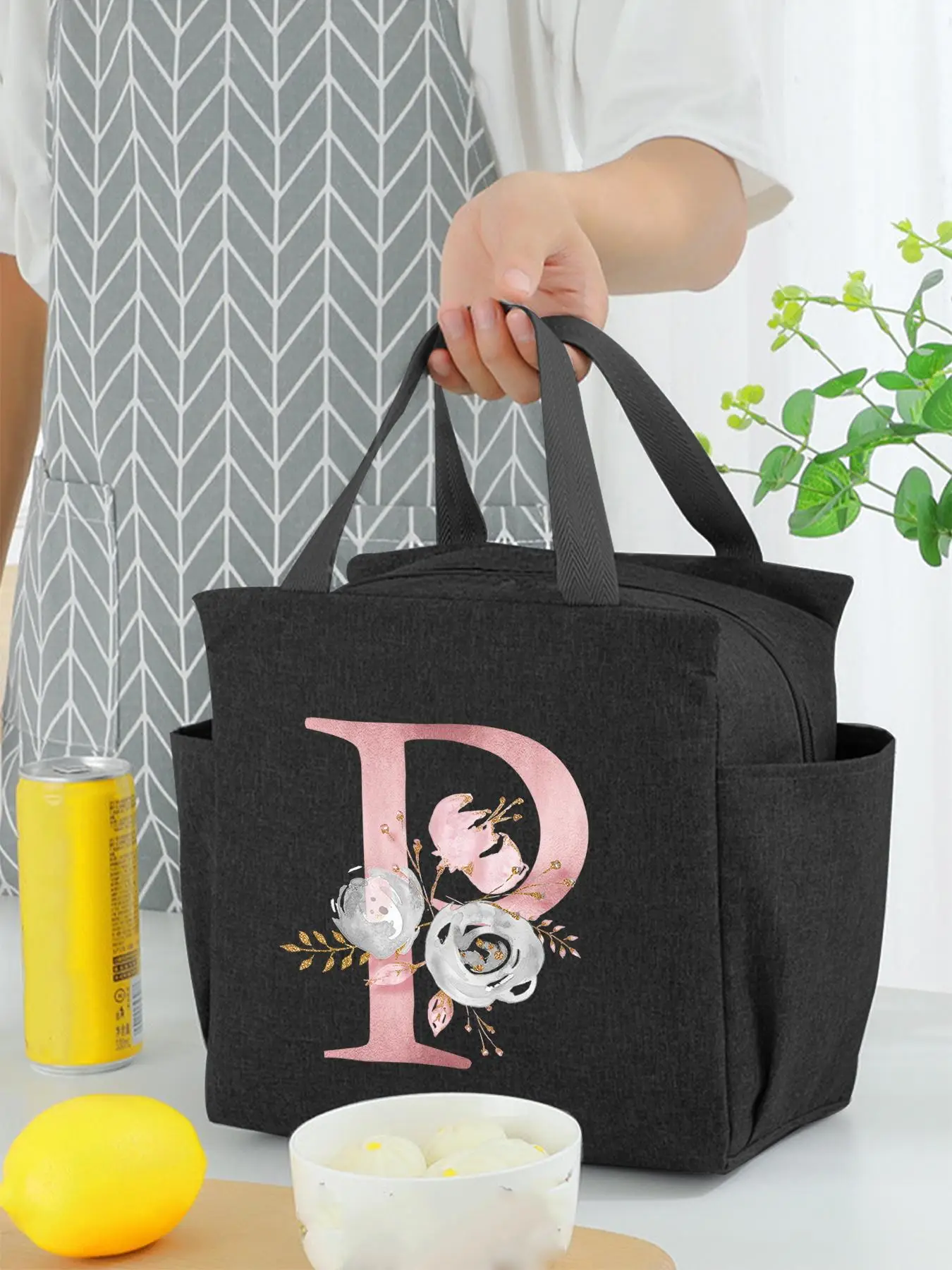 Floral & Letter Pattern Lunch Bag, Large Capacity Cooler Bag, Waterproof Student Bento Lunch Handbag, Portable Zipper Thermal Lunch Box