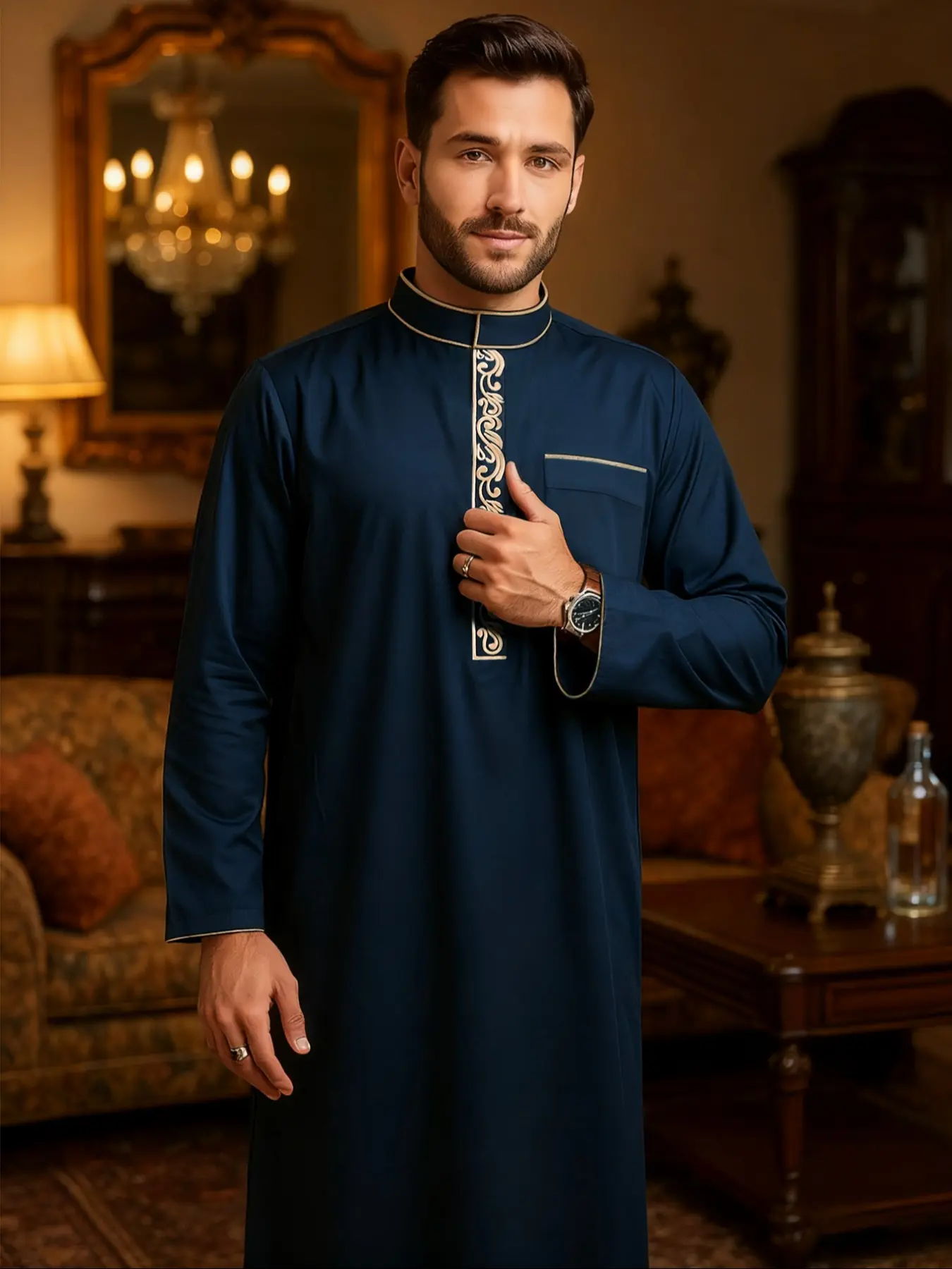 Muslim Traditional Robe Men, Modesty Thobe, Islamic Thobe, Indigo Blue Stand Collar Ethnic Embroidered Front, Eid Al Fitr Hajj Festival Arabic Clothing For Men