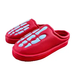 Red Skele Mules For Men Round Toe Summer Slip-On Walking Shoes with Embossed Skeleton Bone Design Comfortable Men's Footwear