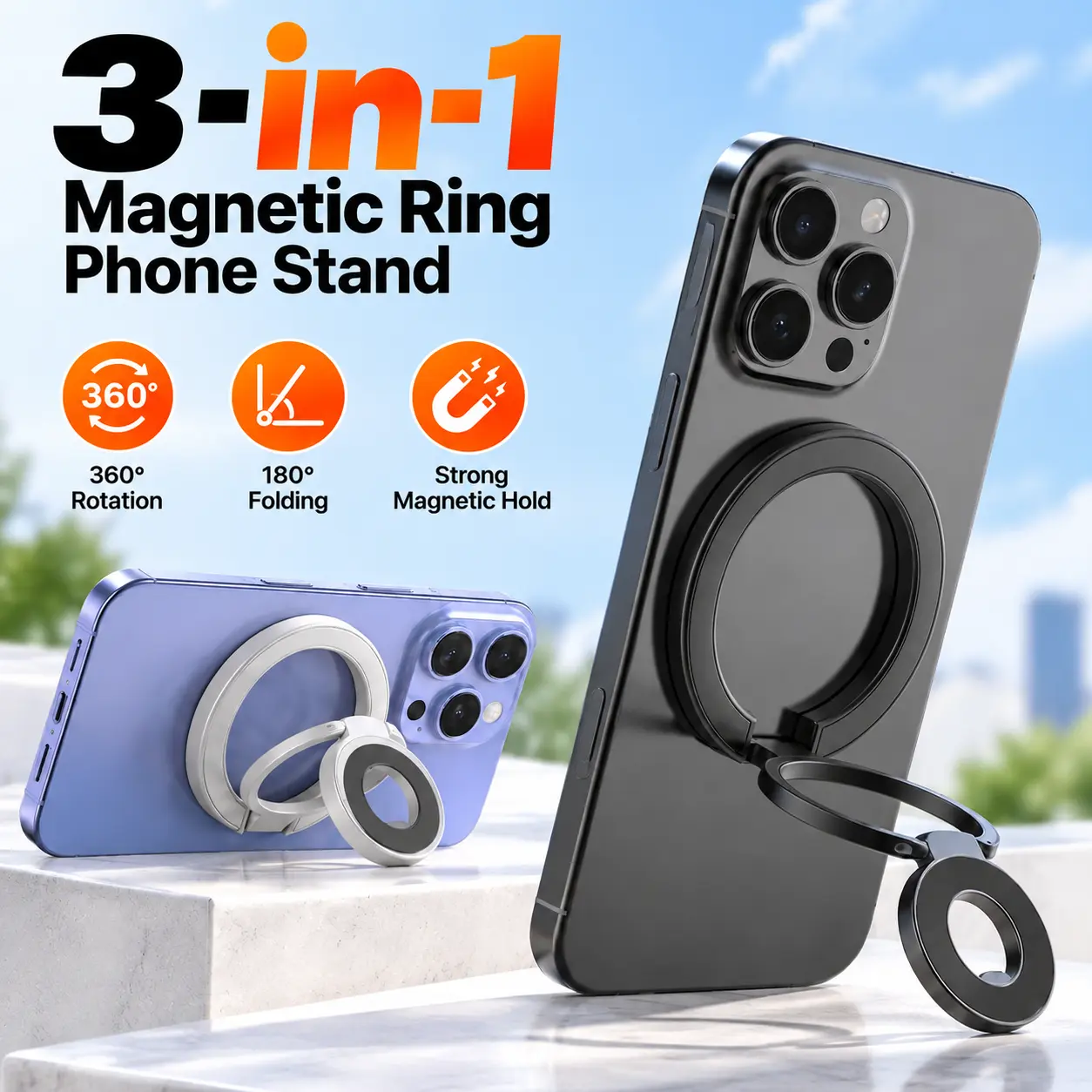 3-in-1 Magnetic Phone Ring Holder & Stand, Zinc Alloy Double-Sided Magnetic Foldable Phone Grip, 360° Adjustable Slim Finger Ring Holder