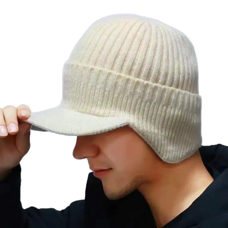 lightweight Men's Winter Fleece-Lined Beanie with Visor - Thickened Windproof Knit Hat, Cold Weather Duckbill Skullcap