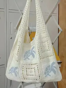 Ocean style retro crochet artistic tote bag, decorated with turtle patterns, hollowed out design, fashionable large capacity versatile shoulder bag, suitable for commuting, shopping, parties, and vacations
