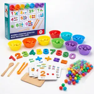 Montessori Math Counting Toy Set with Beads, Chopsticks & Spoons, Silicone Number Matching Beads Game, Early Educational Learning Toy for Toddlers & Preschool Kids, Develop Number Recognition & Fine Motor Skills