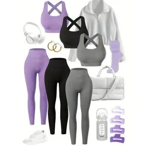 3pack, Women's-Waisted Yoga Leggings Set With-In Bra, Seamless Design, Breathable, All-Season Wear (No Sweatshirt And Accesories)