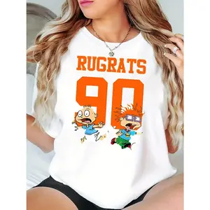 Women's Rugrats Graphic Tee Black Short Sleeve T Shirt Cartoon Print Round Neck Comfortable Summer Top Casual Wear Playful Print All Seasons