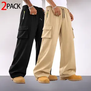 2 Pack Mens Cargo Pants Wide Leg Drawstring Multi Pocket Streetwear Utility Trousers Loose with Zipper Pocket and Large Flap Cargo Pockets for Casual Commuter Outdoor Wear and Relaxed Daily Outfits