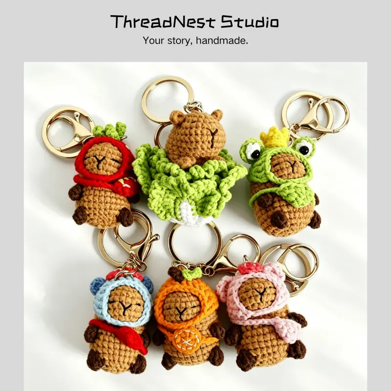 Handmade Crochet Capybara Keychain, Cute Knitted Capybara Plush Charm, Kawaii Amigurumi Bag Pendant for Backpack Purse & Keys, Small Gift