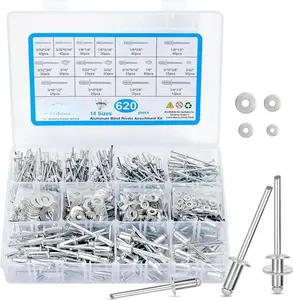 620 count Pop Rivets Assortment Kit, 14 Sizes Aluminum Blind Rivets (3/32" 1/8" 5/32" 3/16" 1/4") with 304 Stainless Steel Pop Rivet Washer, Assorted Blind Rivets