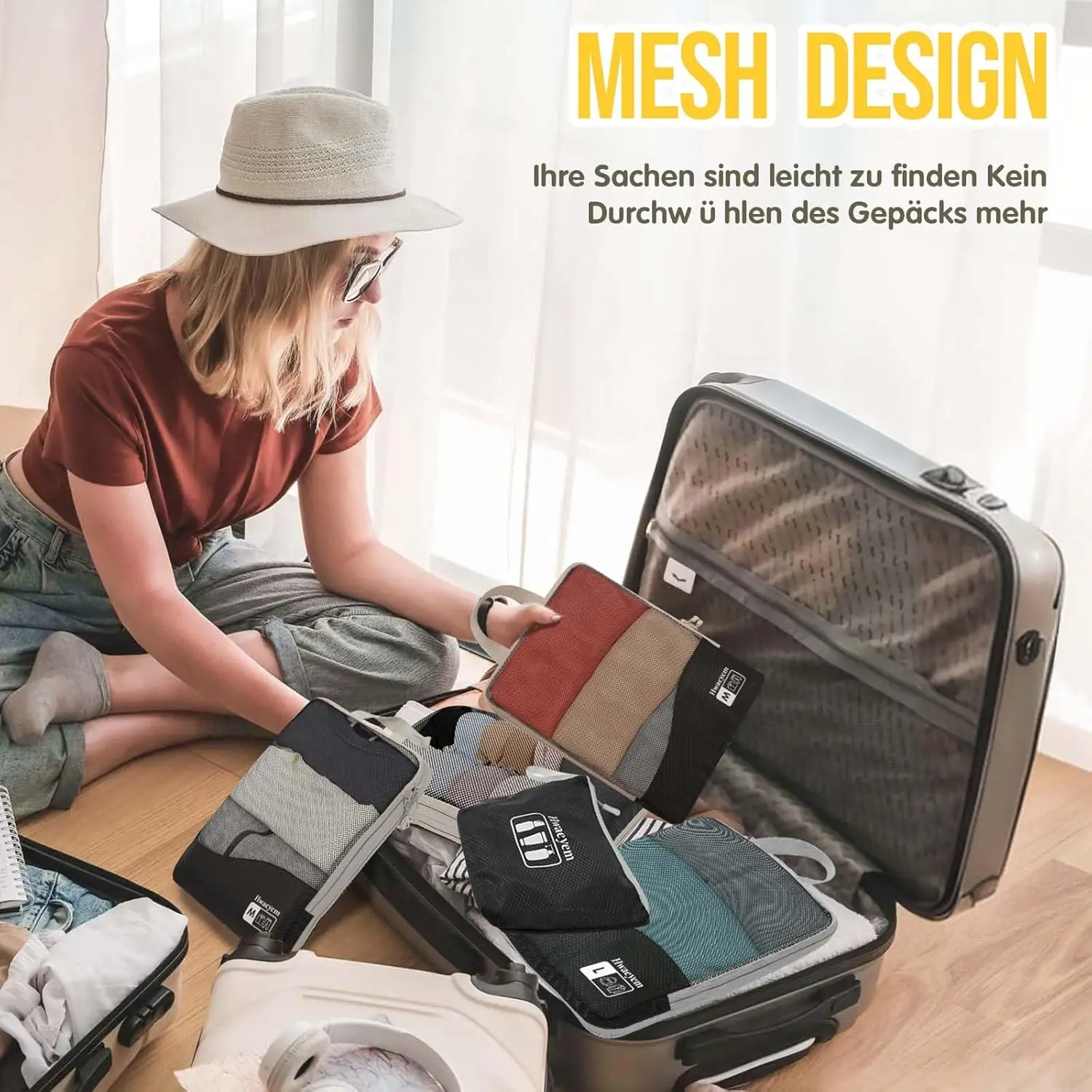 Blue Grey Checkerboard Compression Packing Cubes 8 Set – Clothes Storage Travel Bags with Dual Zipper, See-Through Mesh & Shoe Bag