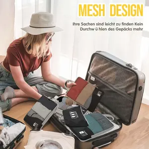 Blue Grey Checkerboard Compression Packing Cubes 8 Set – Clothes Storage Travel Bags with Dual Zipper, See-Through Mesh & Shoe Bag