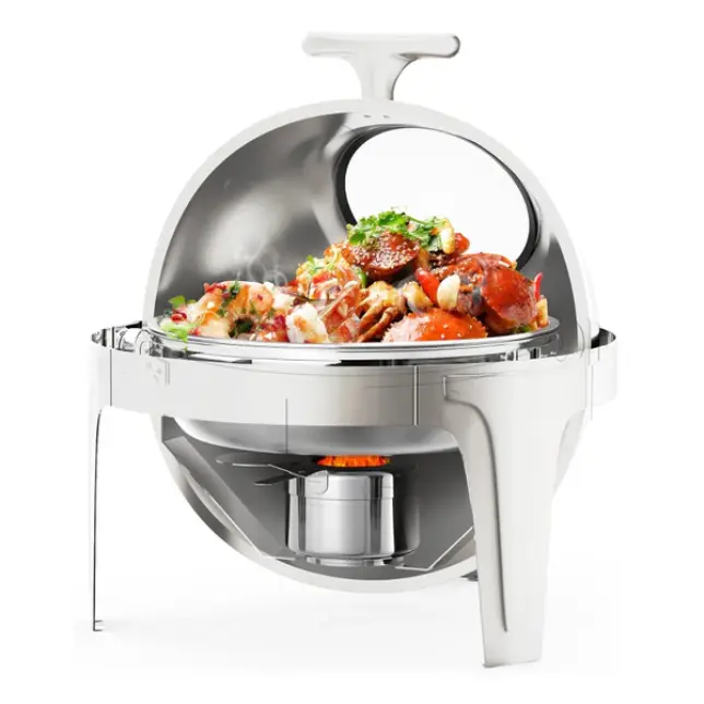 [FLASH SALE] Garvee 6.3 Qt Round Roll Top Chafing Dish Buffet Set, Stainless Steel Food Warmer with Glass Window, Heat & Chill Chafer for Catering, Parties, Weddings & Banquets, Silver