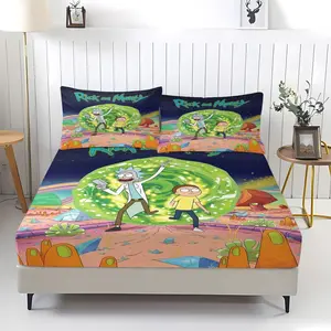 3-Piece Rick and Morty Pattern Bedding Set, Comfortable Printed Bed Sheet and 2 Pillowcases, Anti-Slip for Kids and Teens Gifts