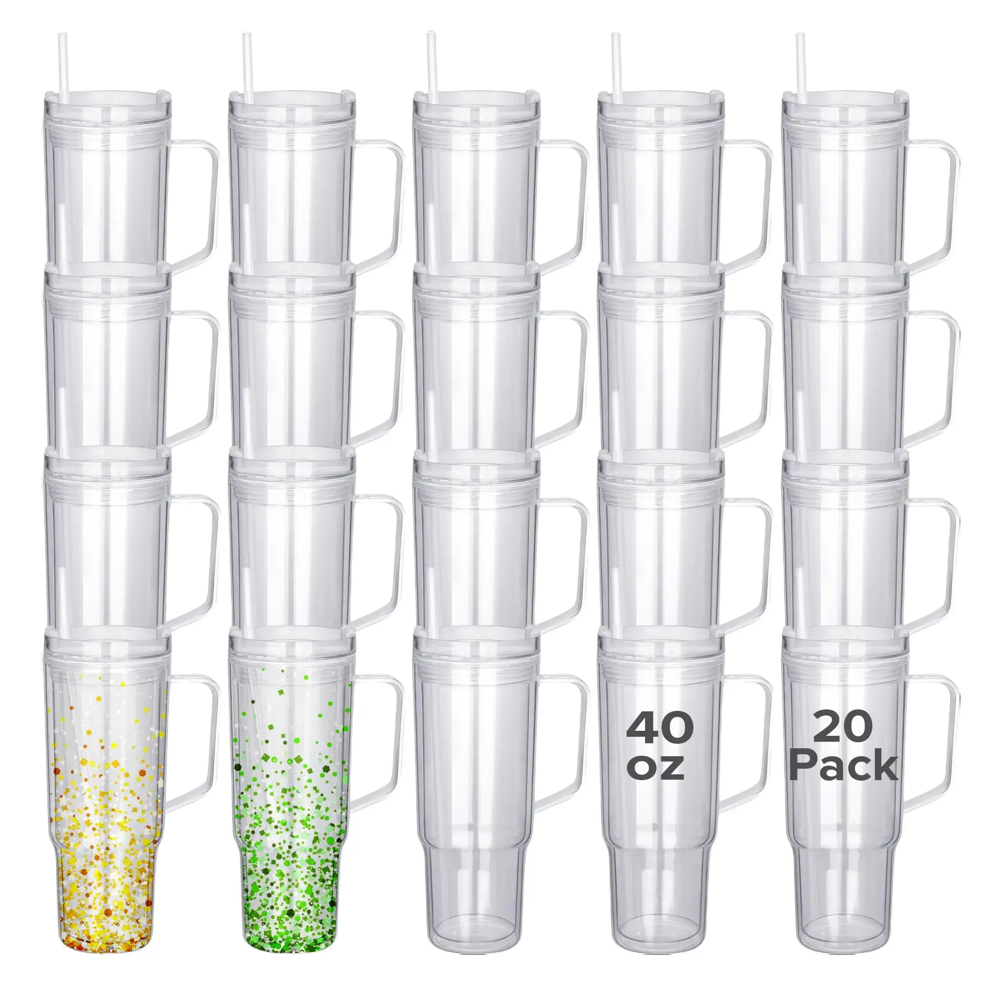 FASTSUB 20-Pack 40 oz Reusable Acrylic Snow Globe Water Bottles, Double-Wall Snowglobe Cup Set for UV DTF DIY with Lid
