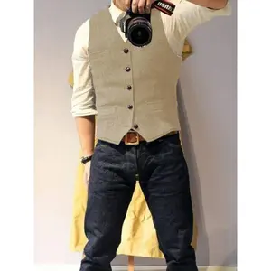 Men's Wool Blend Tweed Vest Solid Herringbone Pattern Vintage Style with Button Details and Chest Pocket Four Seasons Formal Elegant Look Wool Blend Vest Menswear yester Acrylic Fabric Plain Polyester Suits Gilet Beige