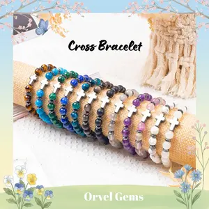 Halloween Protection Hematite Cross Bracelet – Natural Stone 8mm Beads Apatite Tiger’s Eye Lapis Howlite Amethyst Fluorite Malachite Obsidian Agate Onyx Labradorite | Crystal Healing Stretch Bracelet for Women & Men | Birthday Christmas Thanksgiving Gift