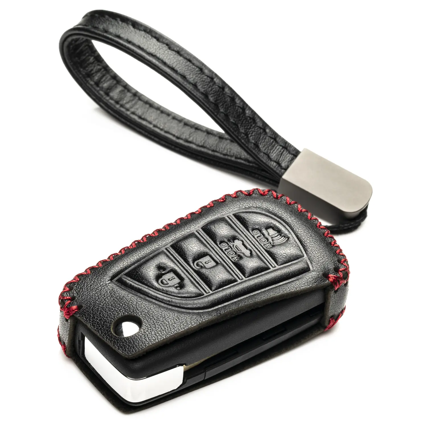 Vitodeco Genuine Leather Flip Key Fob Case Cover Protector with Key Chain Compatible for Toyota Camry, Corolla, Rav4 (2018 - 2025 Models) - 4 Buttons