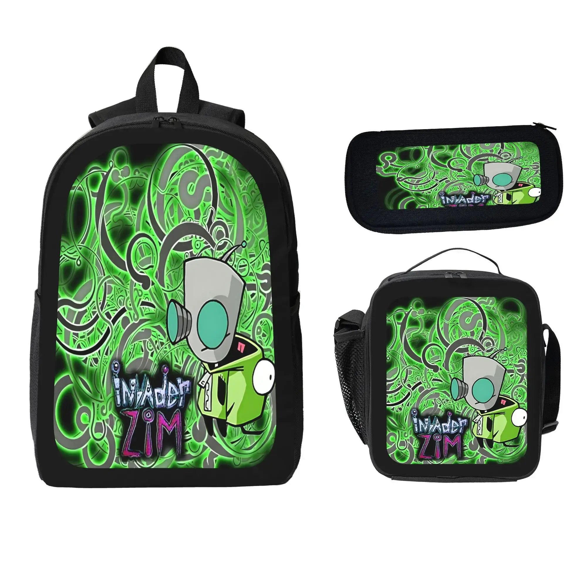 Invader Zim Cartoon Character 3pcs Backpack Set - Lightweight Polyester Bookbag with Matching Pencil Bag and Insulated Lunchbox for Kids Teens