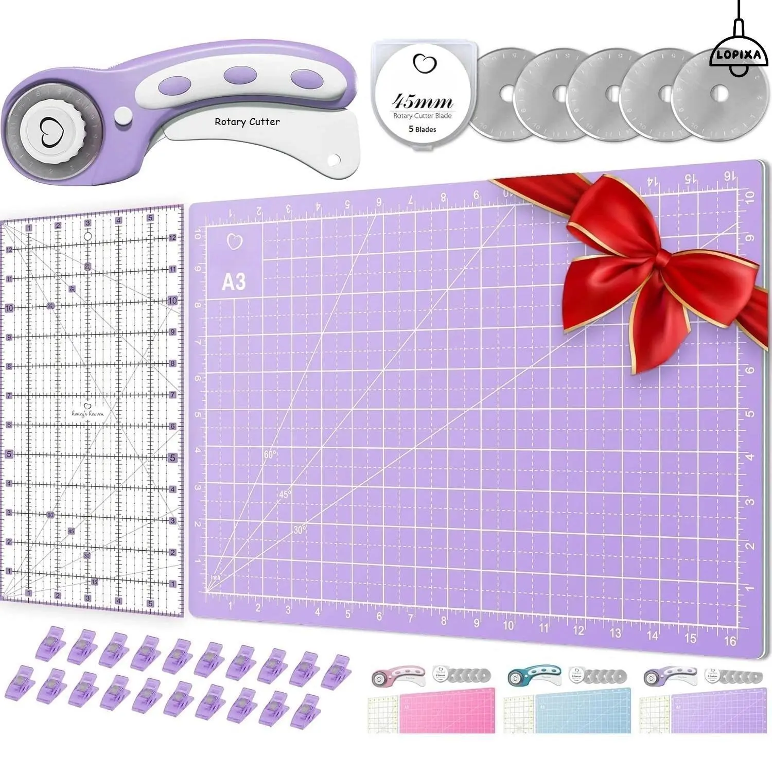 Lopixa™ Rotary Cutter Set - Ideal for Crafting, Sewing, Patchworking, Crochet & Knitting - Quilting Kit incl. 45mm Fabric Cutter, 5 Replacement Blades, A3 Cutting Mat, Acrylic Ruler and Craft Clips