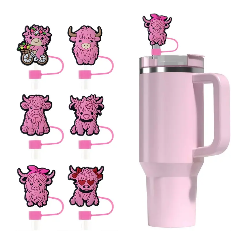 Cute Cow Silicone Straw Covers for 30 & 40 Oz Tumblers, Reusable Dustproof Straws Tips, Easy Clean Kitchen Utensils, Drinkware Accessories, 6 Pack