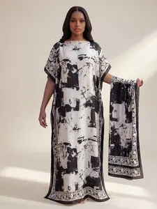 Women's All-Over Printed Long Robe Set, Sexy Style Beachwear, Sun Protection Satin Scarf & Headband, Perfect for Summer, Swimwear Cover Up