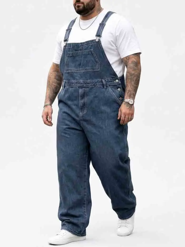 Men's Big & Tall Heavy-Duty Denim Bib Overalls, Plus Size Loose Straight Leg Workwear Jumpsuit with Multi Pockets for Work Daily Casual