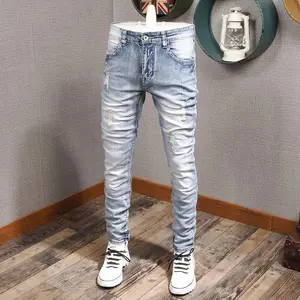 Streetwear Fashion Men Jeans Retro Light Blue Elastic Slim Fit Ripped Jeans Men Embroidery Designer Vintage Casual Denim Pants