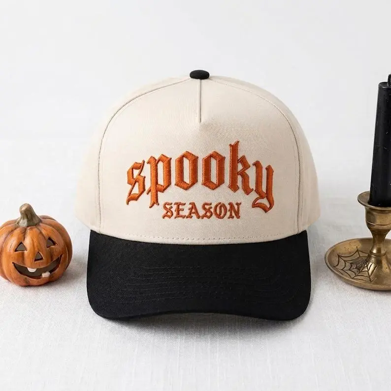 Spooky Season Embroidered Trucker Hat, Retro Two Tone Halloween Cap, Fall Embroidered Hat, Halloween Gift