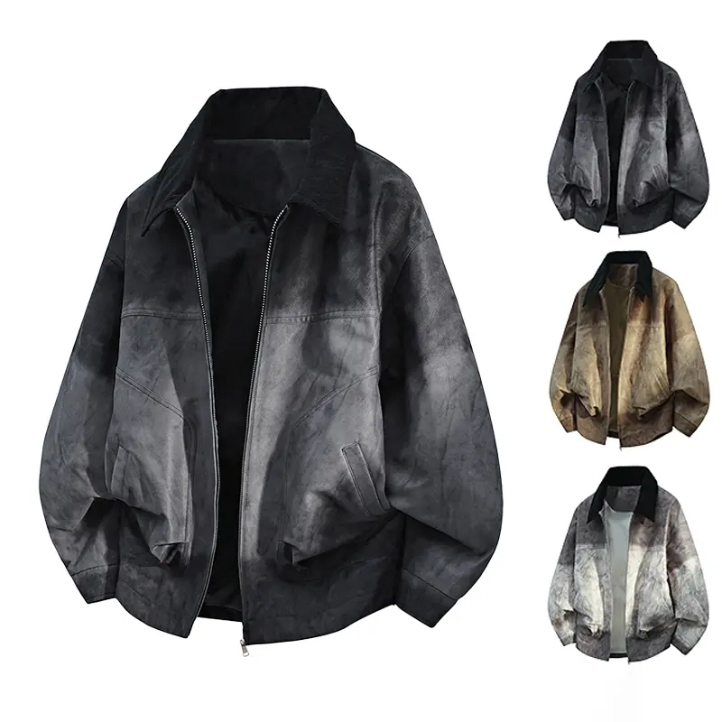 Vintage Gradient Wash Faux Suede Bomber Jacket for Men Black Gray Color Block Corduroy Collar Full Zip Oversized Drop Shoulder Y2K Skate Streetwear Lightweight Daily Casual Outerwear Coat