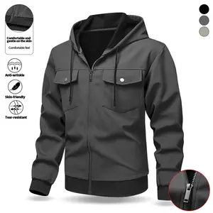 Men's Workwear Hooded Jacket with Double Pockets & Flap Zipper Softshell Coat Fold-Over Chest Pocket Skin-Friendly Comfortable Wrinkle-Resistant for Daily Commutes Travel Wear Casual Fashion Menswear Sweatshirts Tops Long Sleeve quarter zip