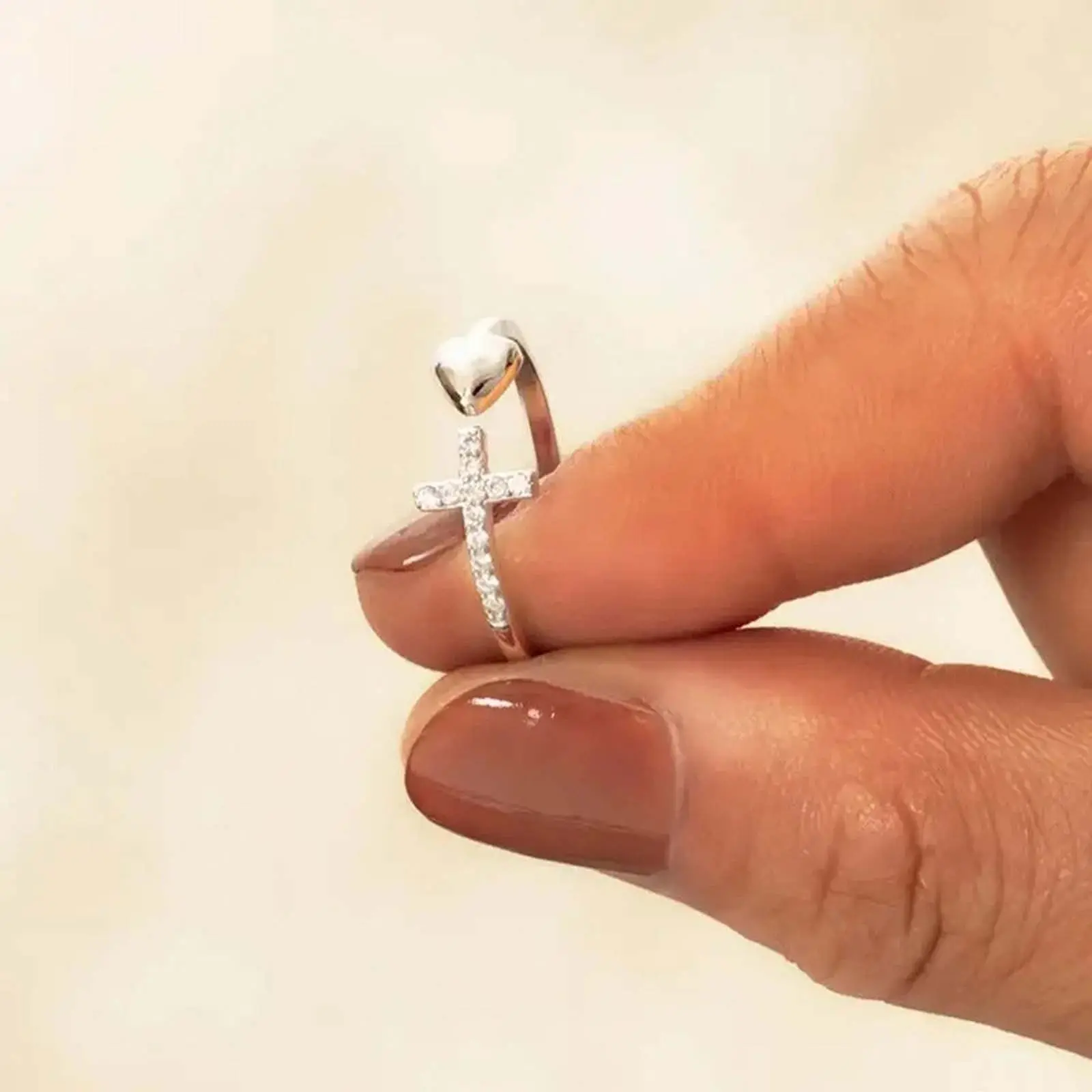 Adjustable Love Cross Ring in Silver-Tone Alloy for Women, Minimalist Faith-Inspired Daily Wear Gift Jewelry, Casual, Unisex
