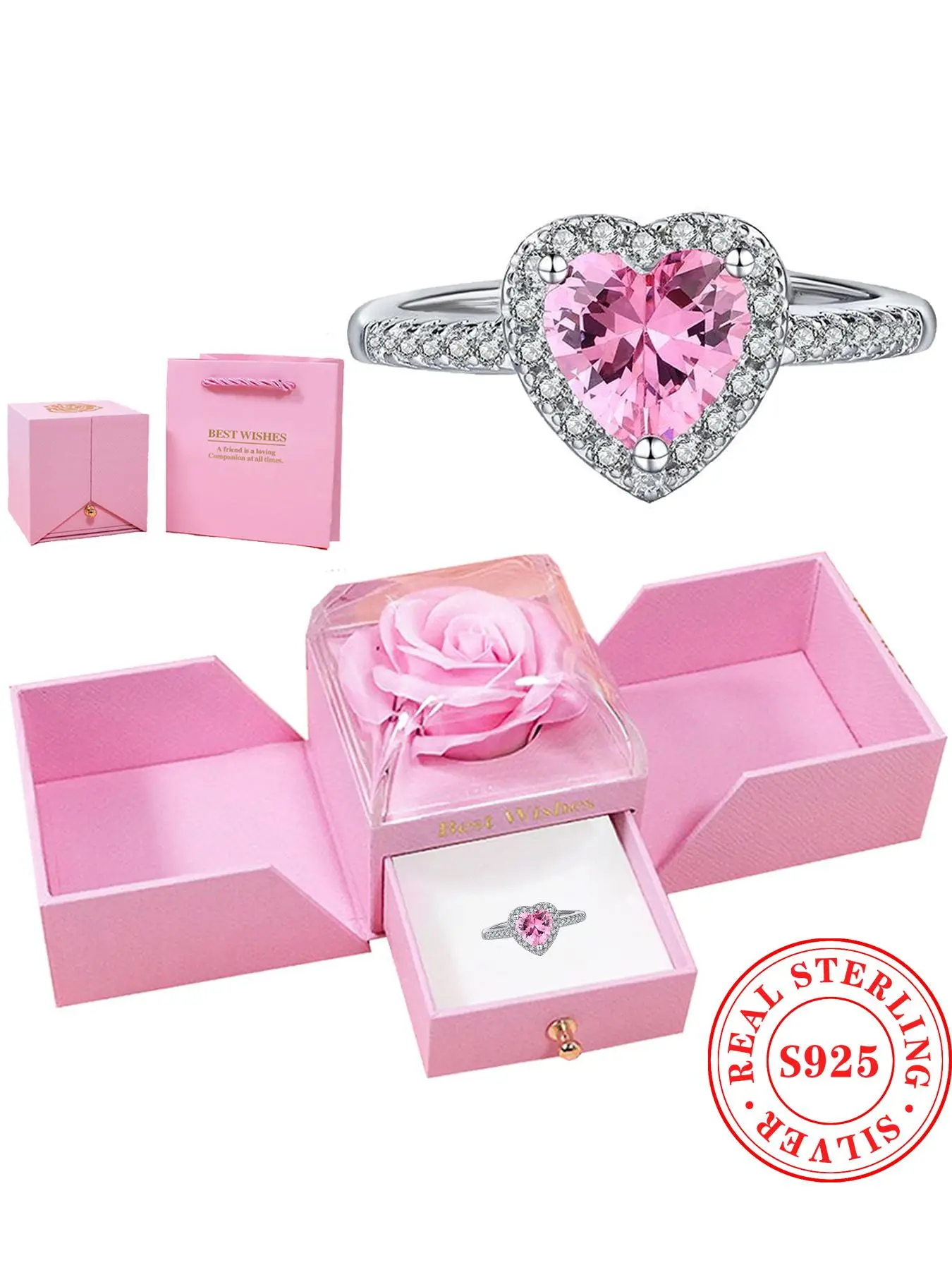 925 Sterling Silver Heart Shaped Artificial Zircon Ring with Rose Flower Gift Box, Women's Wedding Ring for Party, Daily Decor, Trendy All-match & Exq