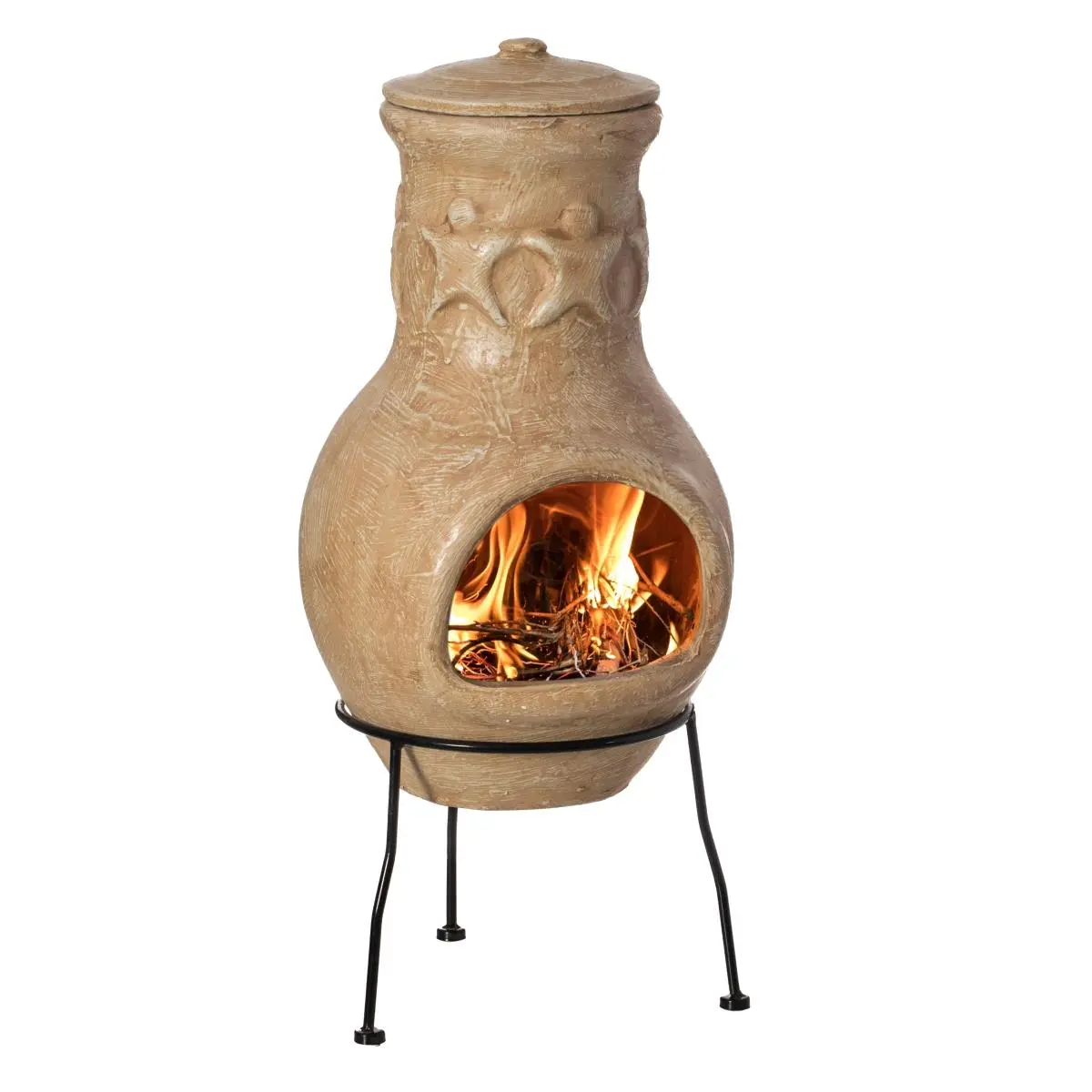 Vintiquewise QI004350 Beige Clay Chiminea Fire Pit - 19x11x26 in (19 in D x 11 in W x 26 in H) Outdoor Maya Design Charcoal-Burn Unit with Clay Body, Smoke Funnel, Sturdy Metal Stand - Ideal for Family Backyard Retreat