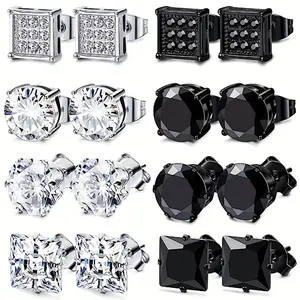 8pairs/set Square Stud Earrings For Men For Daily Decoration, For Family And Friends, Holiday Birthday For Boyfriends/ Girlfriends
