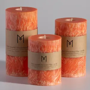 Hand-Poured, Unscented Orange  Pillar Decorative Candles, Elegant Set of 3 in Different Sizes (3"x4", 3"x5", 3"x6"), Luxurious Decor for Fall Homes & Events